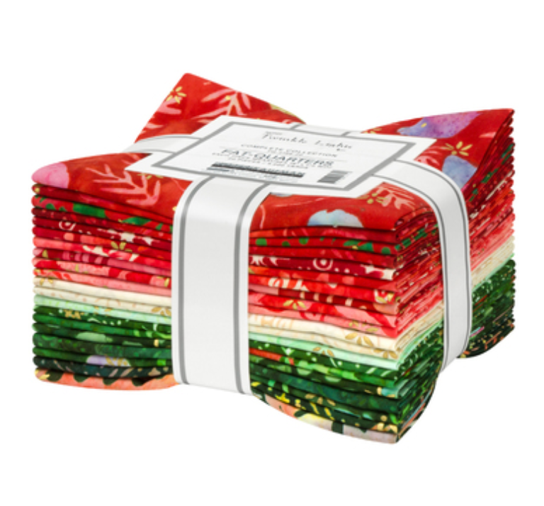 Artisan Batiks Twinkle Lights Fat Quarter Bundle by Lunn Studios for Robert Kaufman featuring 20 coordinating batik fat quarters in festive Christmas reds, emerald greens, cranberry, mint, blush, vanilla, and holiday-themed prints including holly, candy canes, pine branches, ornaments, berries, and snowflakes.