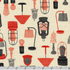 Sevenberry Cotton Slub Prints Red Japanese fabric featuring retro mid-century modern lamps in red, black, and charcoal on a natural textured cotton slub background by Robert Kaufman.
