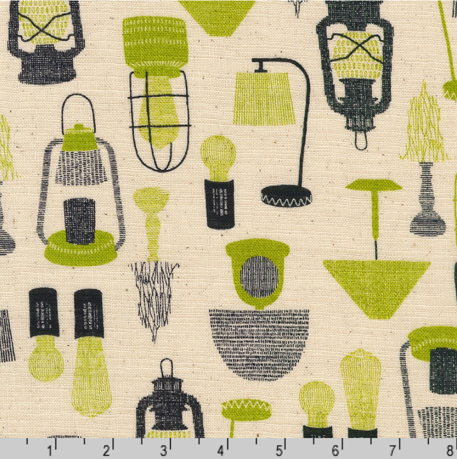 Sevenberry Cotton Slub Prints Asparagus Japanese fabric featuring retro mid-century modern lamps in asparagus green and charcoal on a natural textured cotton slub background by Robert Kaufman.