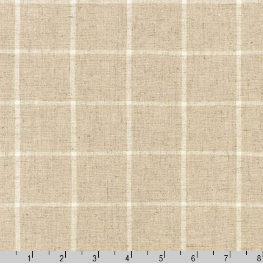 Essex Yarn Dyed Classic Wovens Natural fabric by Robert Kaufman featuring a soft natural linen-cotton blend with an ivory windowpane plaid pattern, ideal for quilting, apparel, bags, and home décor projects.