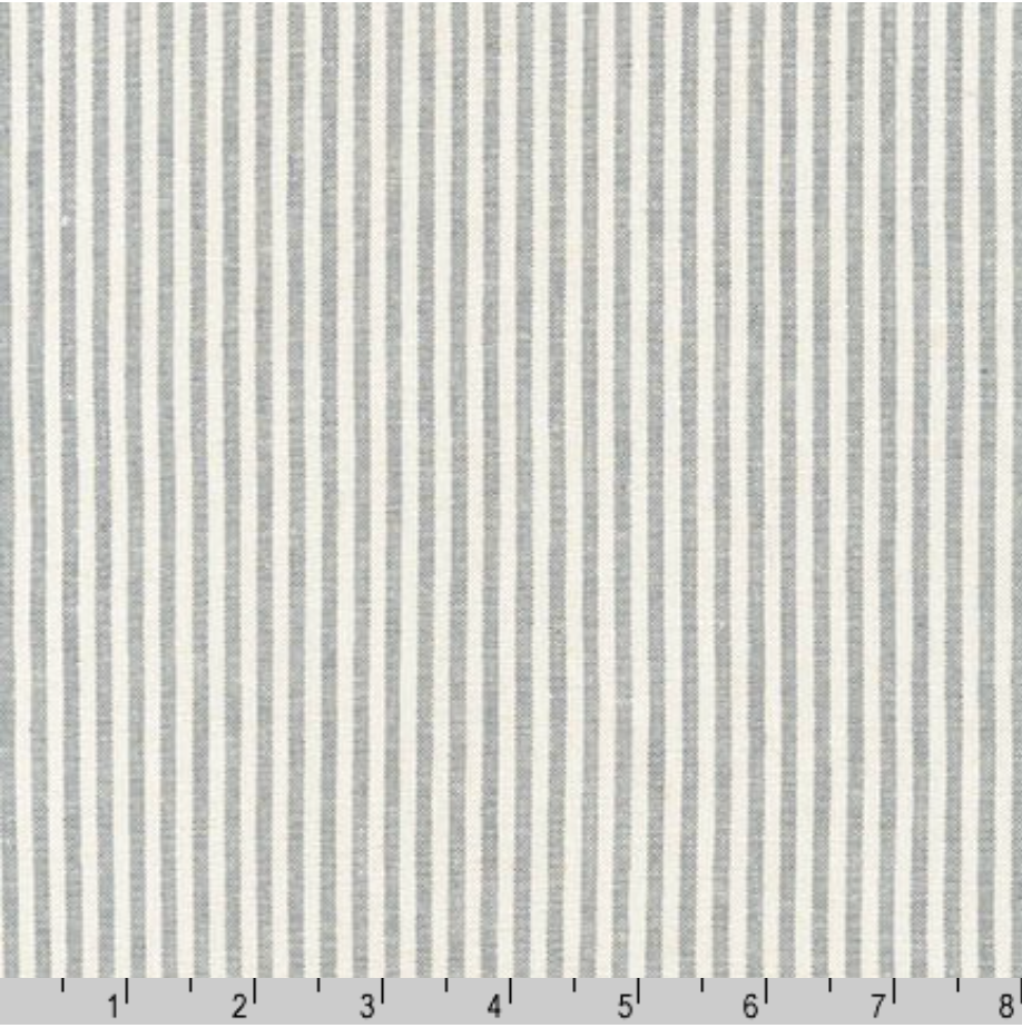 Essex Yarn Dyed Classic Wovens Steel fabric by Robert Kaufman featuring classic steel gray and natural ticking stripes on a premium 55% linen and 45% cotton yarn-dyed woven, perfect for quilting, apparel, bags, and home décor.