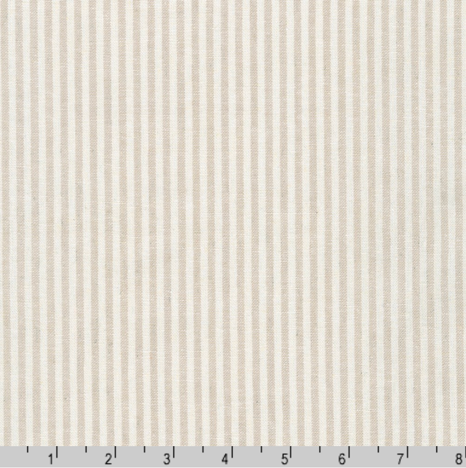 Essex Yarn Dyed Classic Wovens Flax fabric by Robert Kaufman featuring soft flax and natural ticking stripes on a premium 55% linen and 45% cotton yarn-dyed woven, ideal for quilting, apparel, bags, and farmhouse home décor.