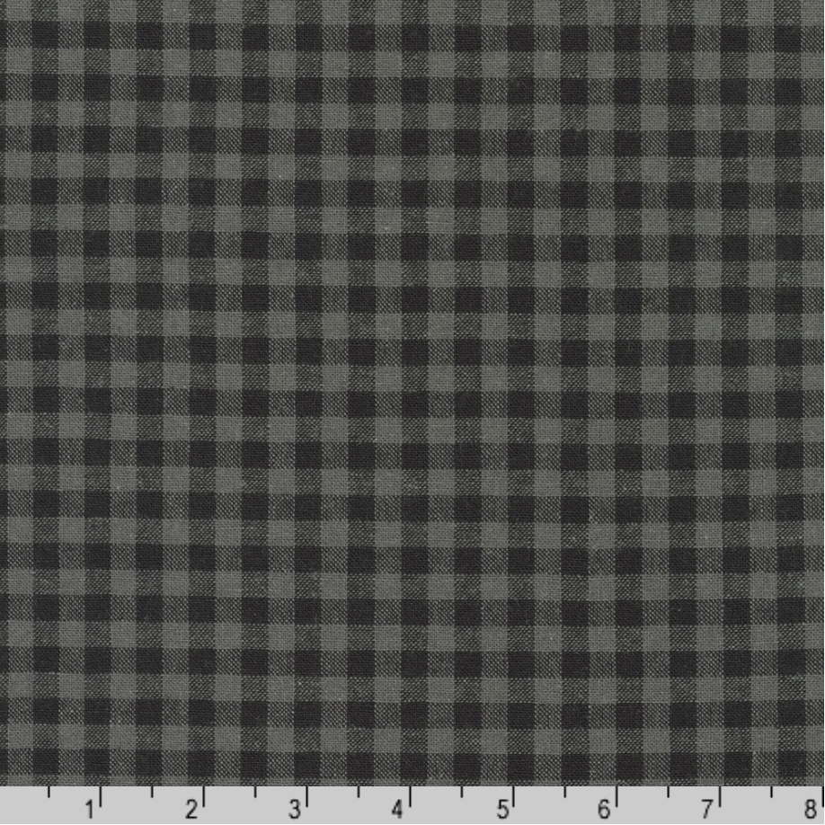 Essex Yarn Dyed Classic Wovens Licorice fabric by Robert Kaufman featuring a classic black and charcoal plaid on a premium 55% linen and 45% cotton yarn-dyed woven, ideal for quilting, apparel, bags, and home décor.