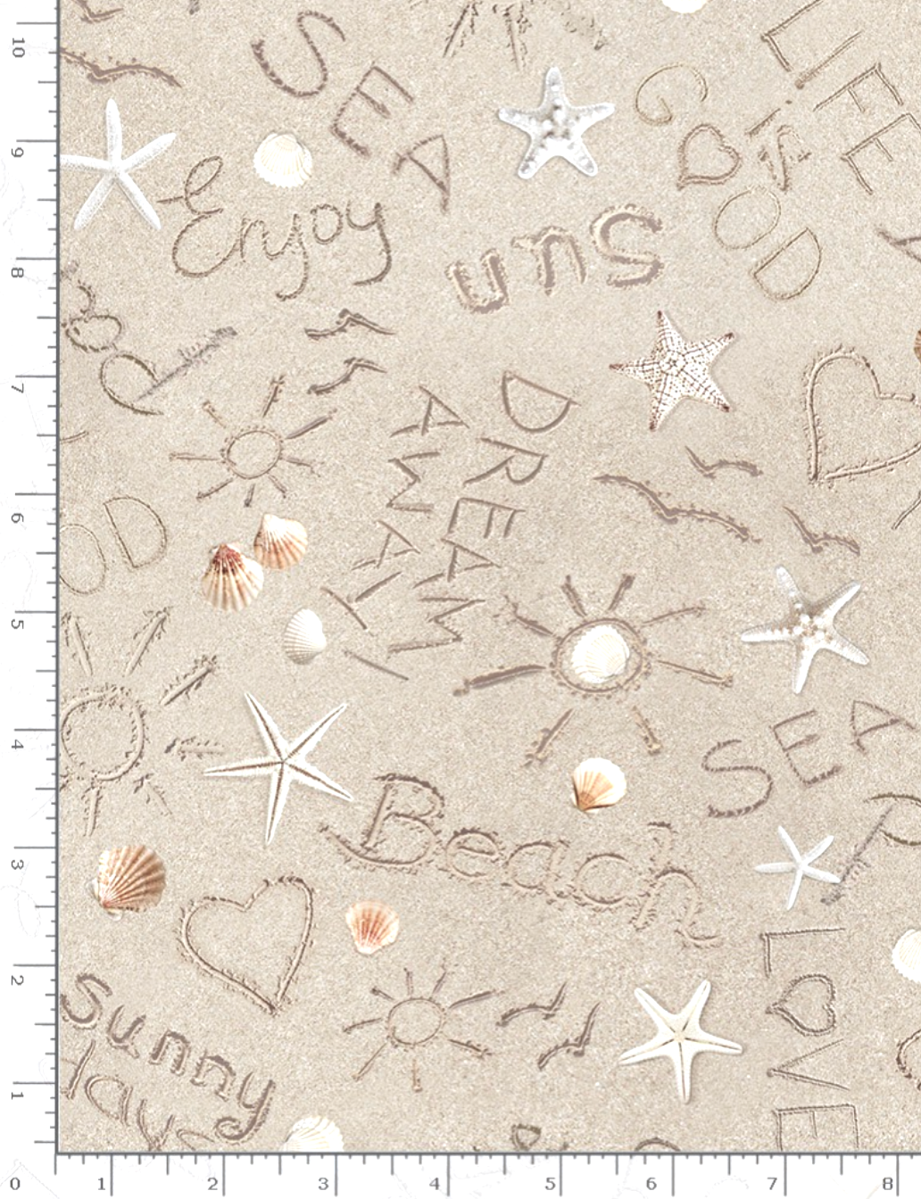 Water's Edge Writing On Sand fabric featuring seashells starfish and beach messages on sandy background