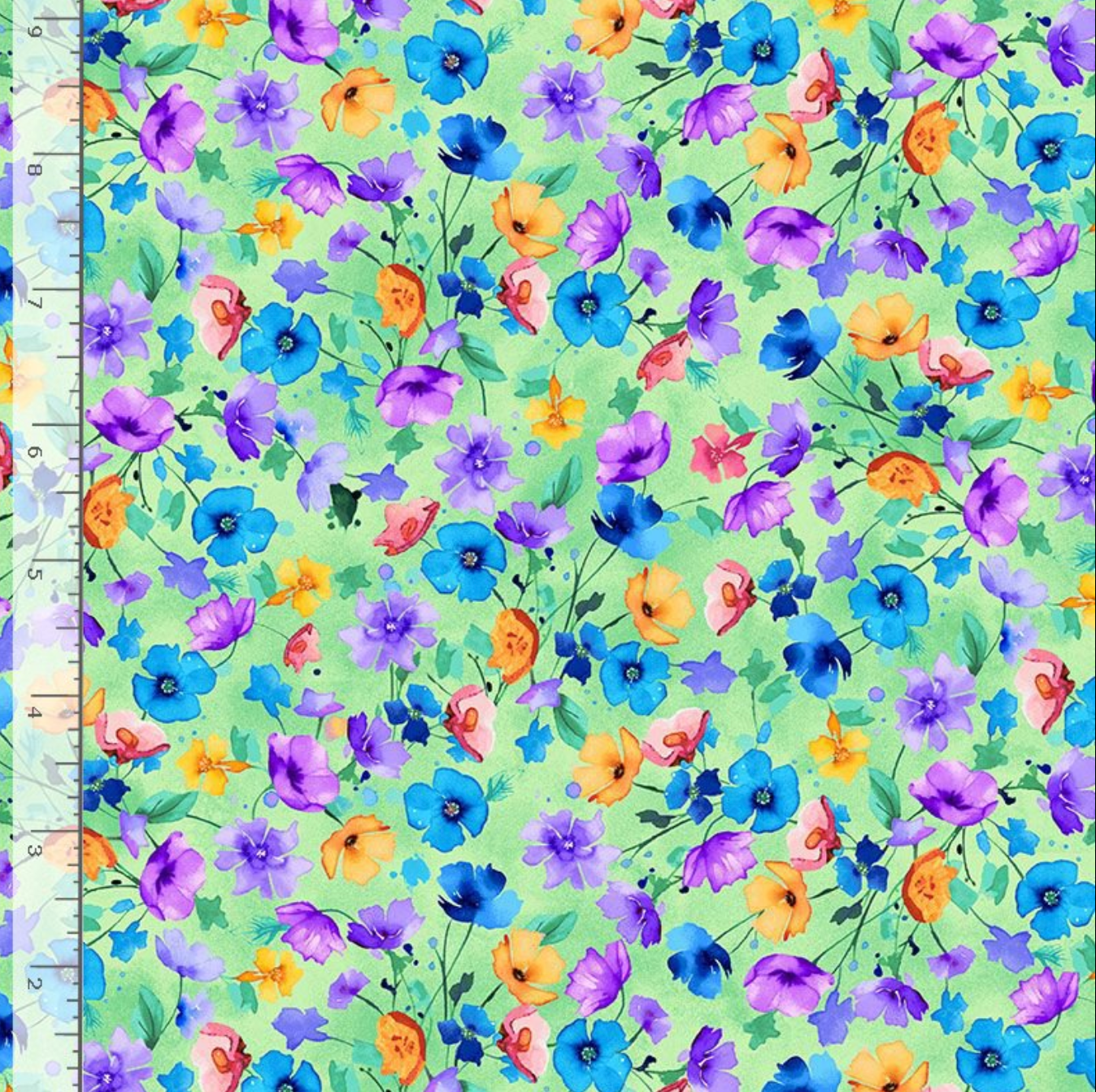 Meadow Bloom Nasturtium Floral Field cotton fabric by Chong-A Hwang for Timeless Treasures with colorful watercolor flowers on a green background