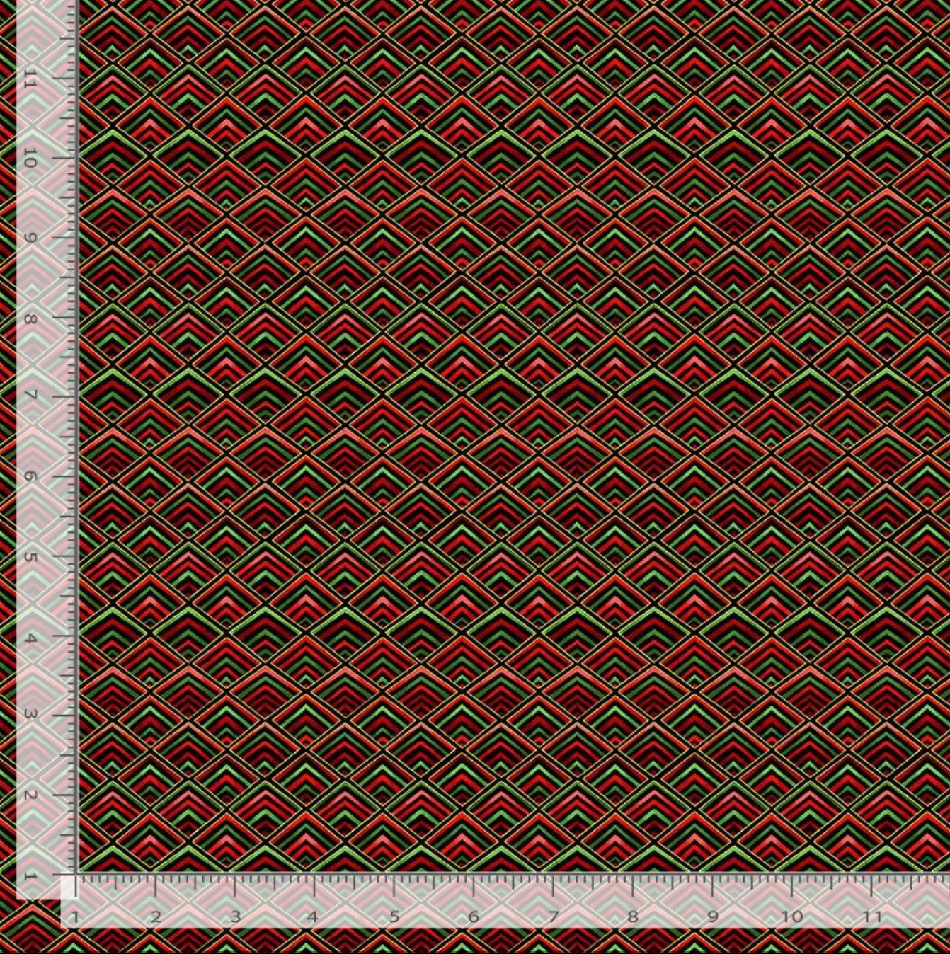 Gilded Plume Diamond Geo Metallic cotton fabric by Chong-A Hwang featuring red, green, and black geometric diamonds with metallic gold accents