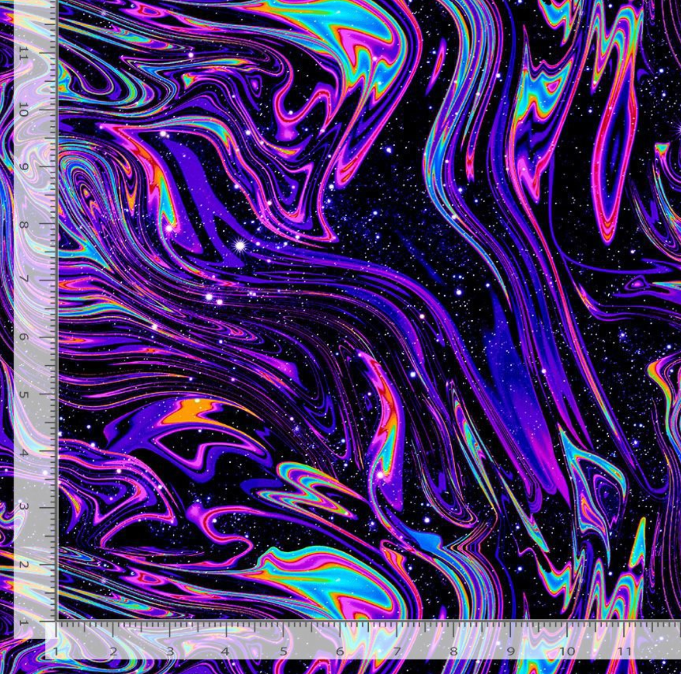 Spaced Out Galaxy Marble digital cotton fabric featuring colorful cosmic marble swirls on a starry black galaxy background