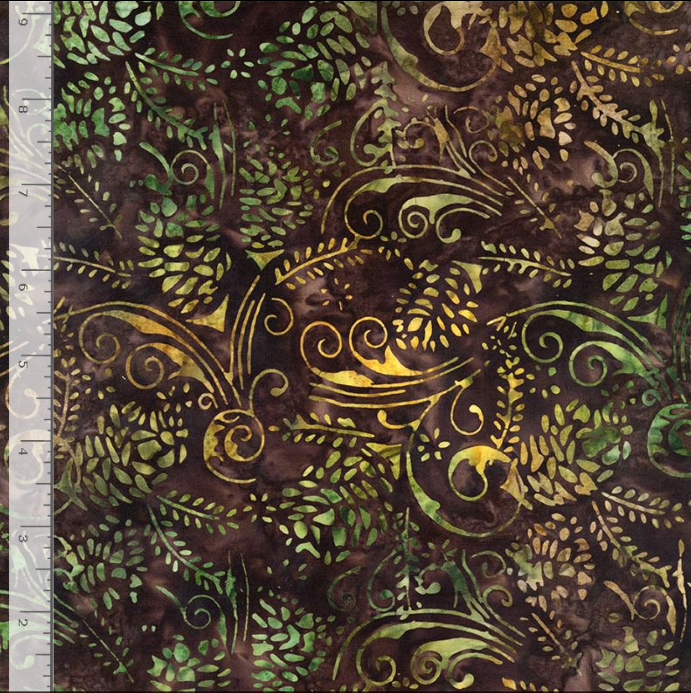 Tonga Pine Cone Forest batik fabric featuring pine cones, leafy vines, and botanical motifs in forest green, olive, and brown