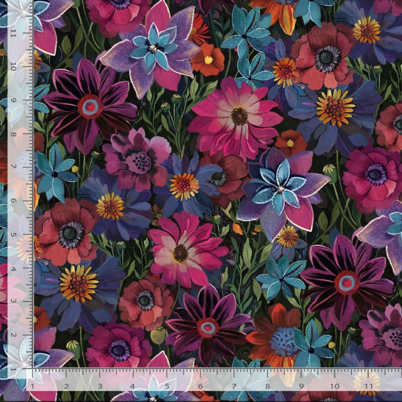 Calico Cat Forest Floral fabric featuring vibrant purple, pink, blue, teal, and burgundy flowers on a rich black background