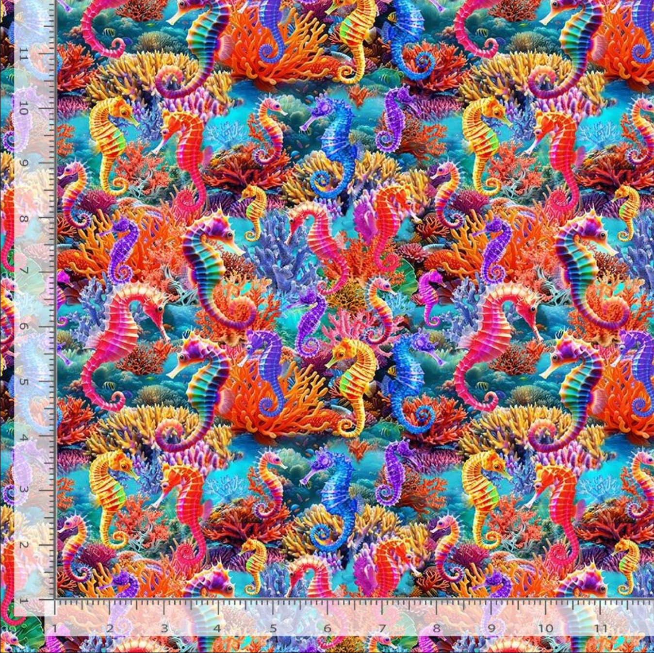 Underwater Paradise Sea Horses fabric featuring colorful seahorses swimming through vibrant coral reefs on premium digital cotton