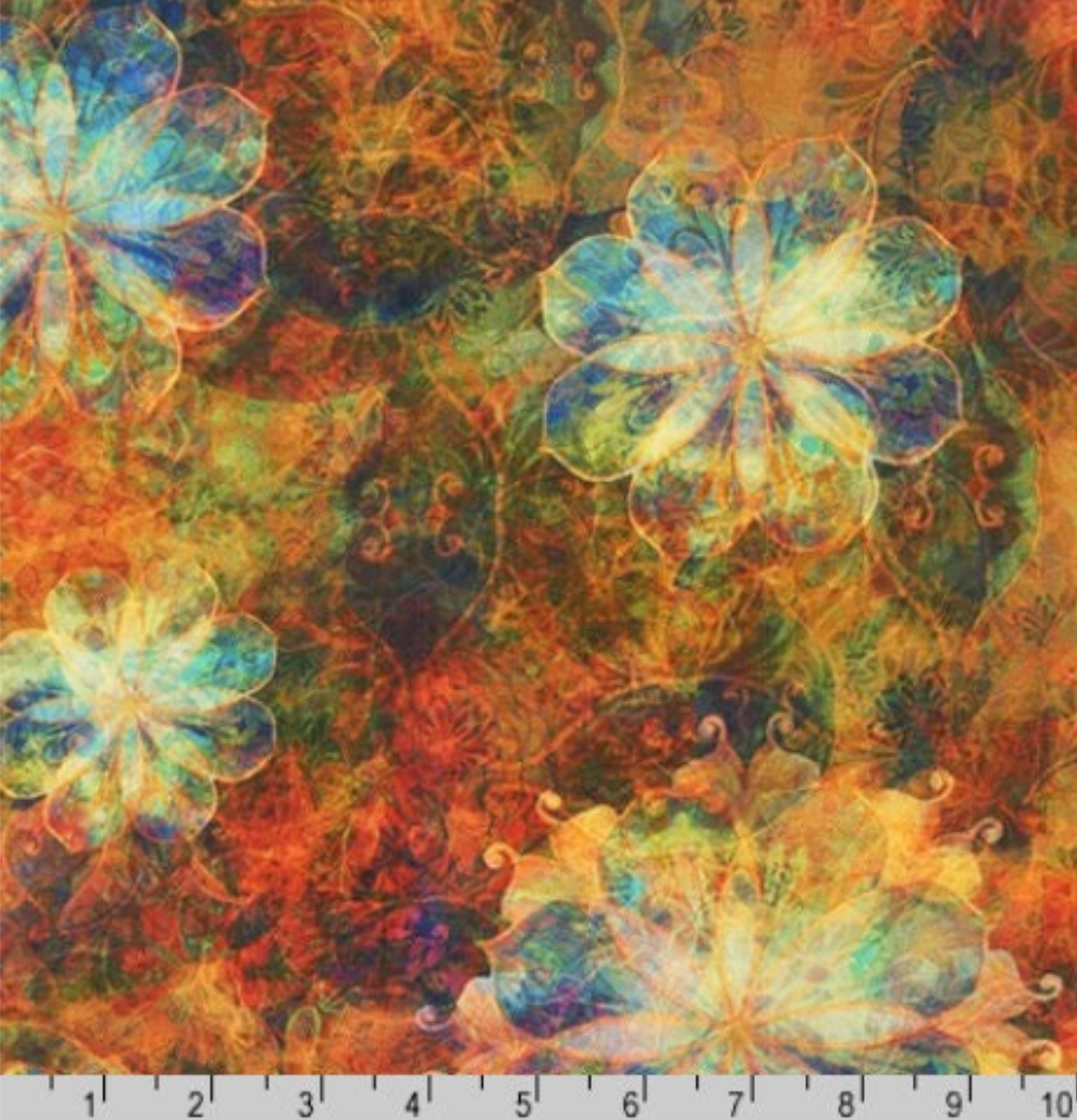 Venice Florals Amber cotton fabric by Christiane Marques for Robert Kaufman featuring painterly watercolor flowers in amber, teal, turquoise, rust and gold, ideal for quilting, apparel, bags and home décor.