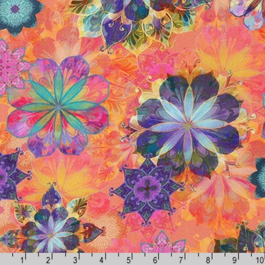 Venice Florals Coral cotton fabric by Christiane Marques for Robert Kaufman featuring large watercolor flowers in coral, pink, purple, turquoise and gold, perfect for quilting, apparel, bags and home décor.