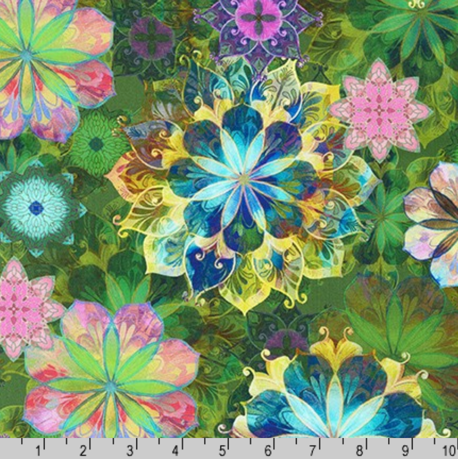 Venice Florals Garden cotton fabric by Christiane Marques for Robert Kaufman featuring colorful watercolor flowers on a lush green botanical background, ideal for quilting, apparel, bags and home décor.
