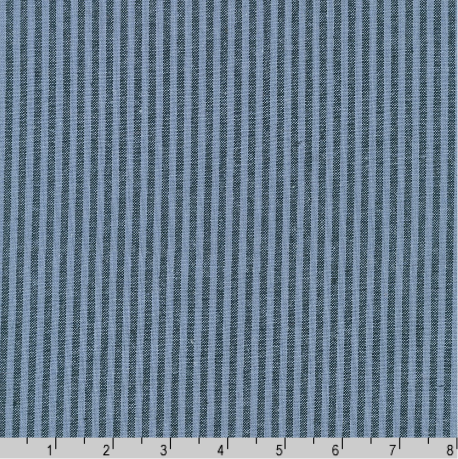 Essex Yarn Dyed Classic Wovens Small Stripe Denim fabric by Robert Kaufman featuring narrow denim blue yarn-dyed stripes on a premium 55% linen 45% cotton blend, ideal for apparel, quilting, bags and home décor.