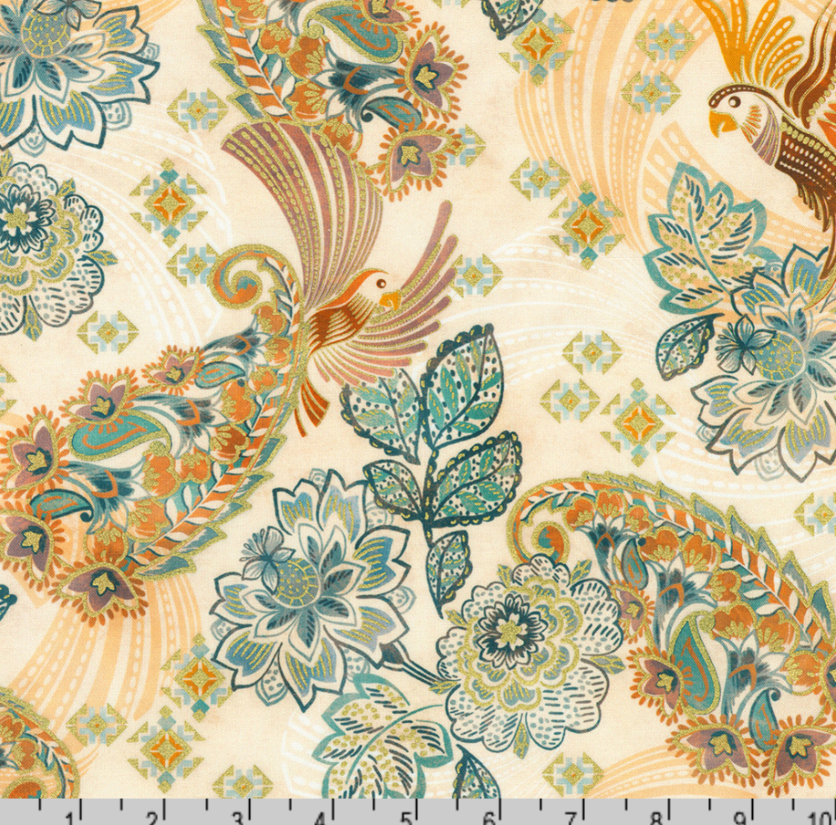 Golden Feathers Birds Parchment Metallic cotton fabric by Studio RK for Robert Kaufman featuring elegant birds, paisley feathers and floral motifs with metallic gold accents on a parchment background, ideal for quilting, bags and home décor.