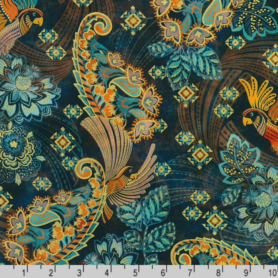 Golden Feathers Birds Navy Metallic cotton fabric by Studio RK for Robert Kaufman featuring elegant birds, ornate paisley feathers and floral motifs with metallic gold accents on a navy background, ideal for quilting, bags and home décor.