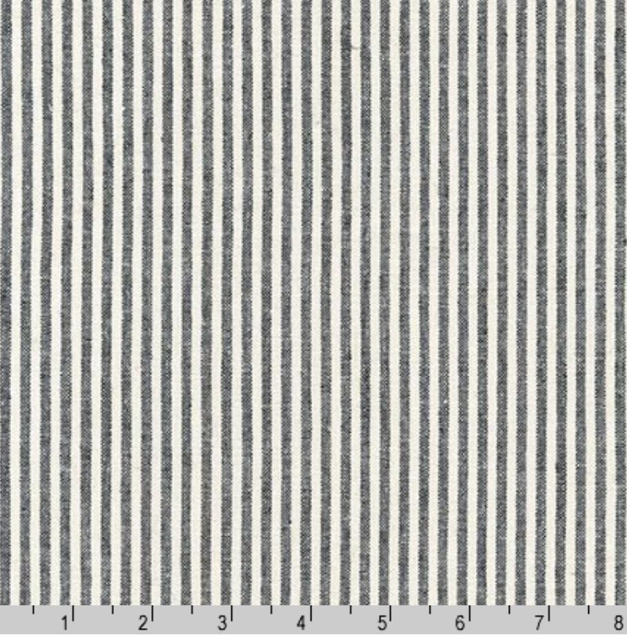 Robert Kaufman Essex Yarn Dyed Small Stripe Black linen cotton woven fabric featuring narrow black vertical stripes on a natural background.
