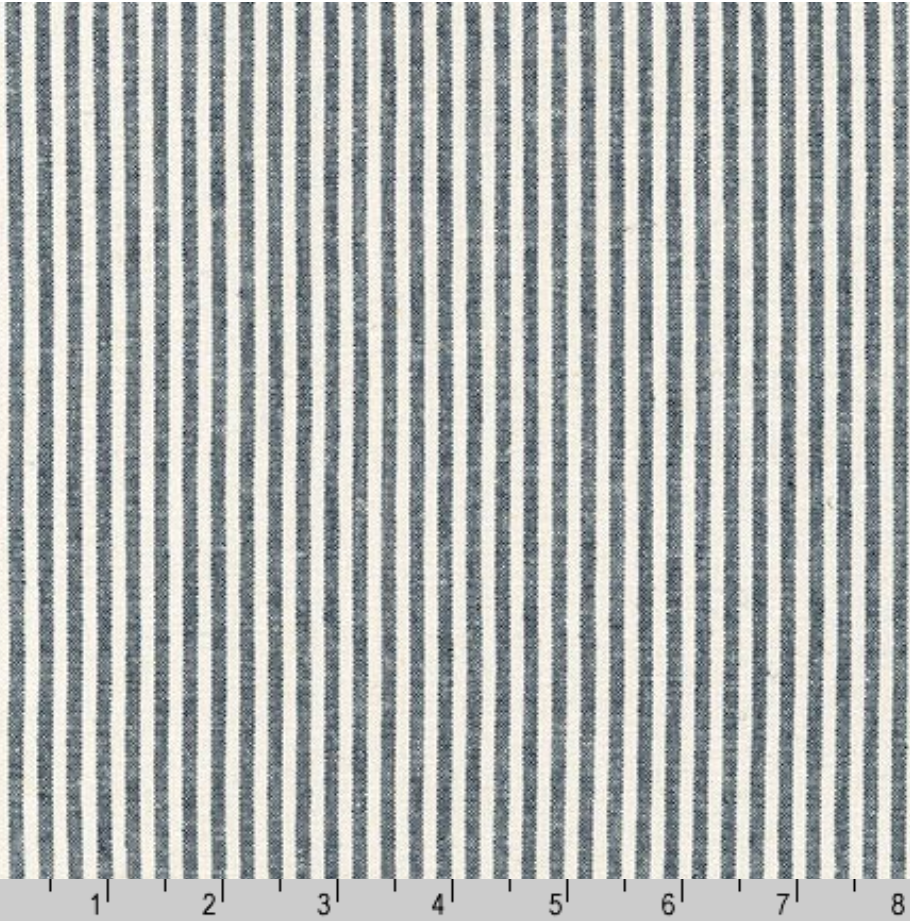 Robert Kaufman Essex Yarn Dyed Small Stripe Indigo linen cotton woven fabric featuring narrow indigo blue vertical stripes on a natural background.