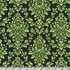 Green damask leaf scroll pattern on black cotton flannel fabric from the Flowerhouse Collection by Debbie Beaves for Robert Kaufman.