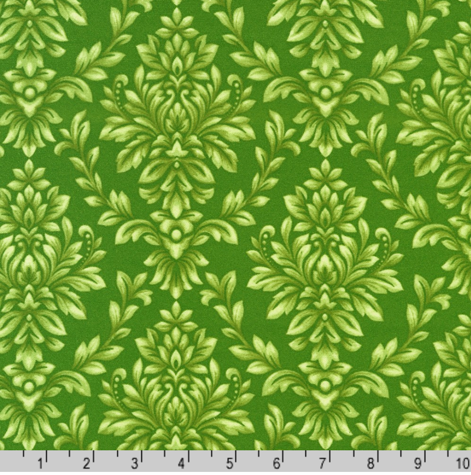 Green damask leaf scroll pattern on basil green cotton flannel fabric from the Flowerhouse Collection by Debbie Beaves for Robert Kaufman.