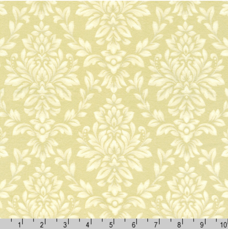 Cream damask leaf scroll pattern on cream cotton flannel fabric from the Flowerhouse Collection by Debbie Beaves for Robert Kaufman.