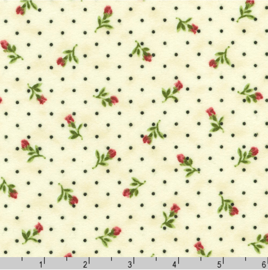 Bouquet of Roses Rosebud Toss Cream cotton flannel fabric by Debbie Beaves for Robert Kaufman featuring tiny pink rosebuds with black polka dots on a cream background, ideal for quilting, baby blankets and cozy sewing projects.