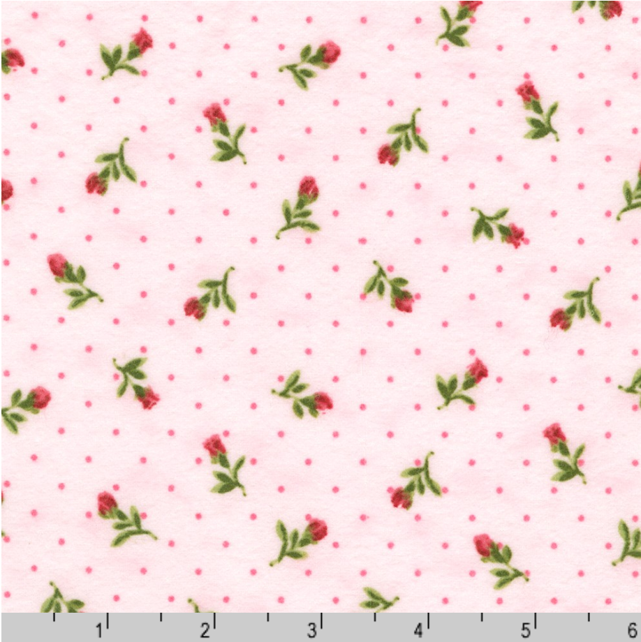 Bouquet of Roses Rosebud Toss Slipper cotton flannel fabric by Debbie Beaves for Robert Kaufman featuring tiny pink rosebuds with pink polka dots on a blush pink background, perfect for quilts, baby blankets and cozy sewing projects.