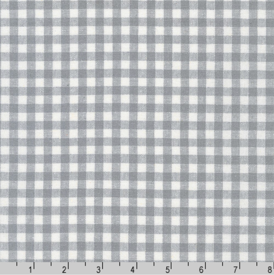 Essex Yarn Dyed Classic Wovens Steel 1/4-inch gingham linen cotton fabric by Robert Kaufman featuring a classic steel gray and natural check pattern, ideal for quilts, apparel, bags and home décor.