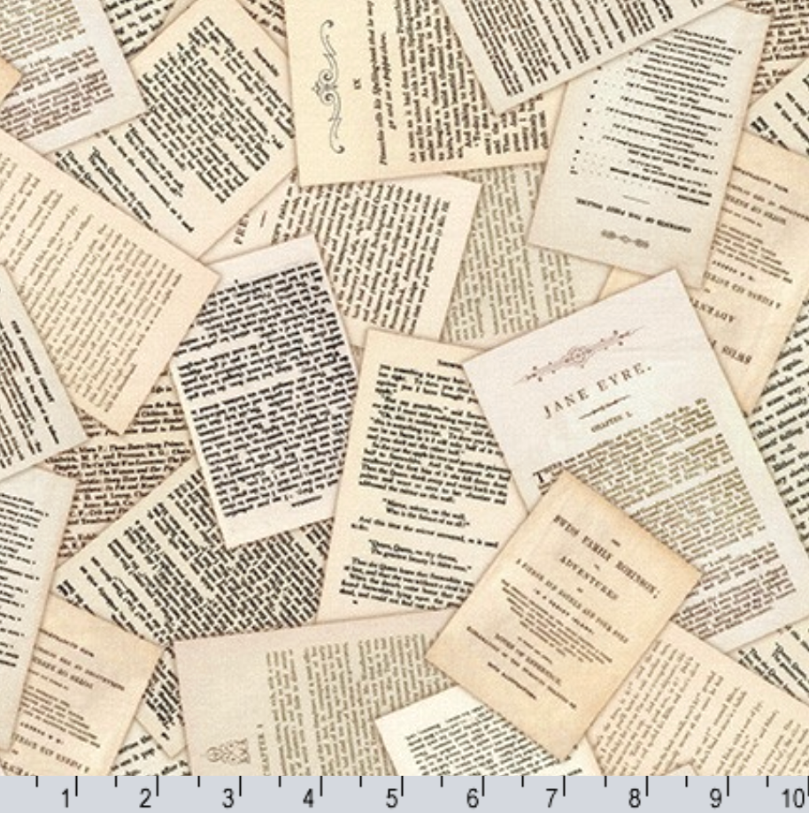 Library of Rarities Wide Book Pages Vintage 108-inch wide backing fabric by Robert Kaufman featuring an allover collage of antique book pages and vintage printed text on premium quilting cotton, ideal for quilt backs and home décor projects.
