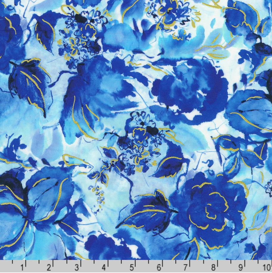 Blue watercolor floral quilting fabric with metallic gold accents from the Cobalt Bliss collection by Lauren Wan for Robert Kaufman Fabrics.