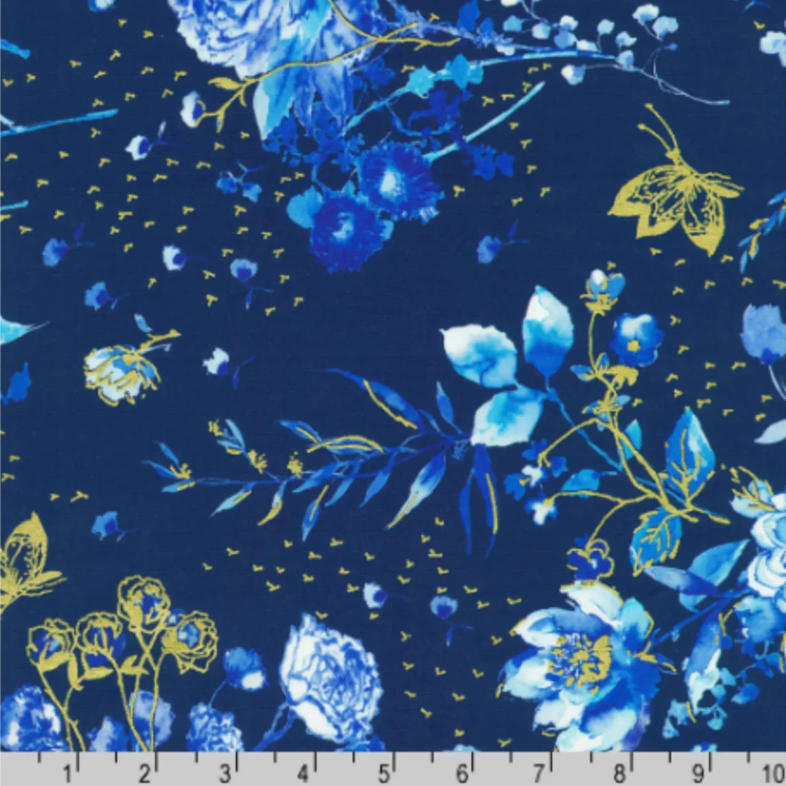 Navy quilting fabric with blue watercolor wildflowers and metallic gold botanical accents from the Cobalt Bliss collection by Lauren Wan for Robert Kaufman Fabrics.