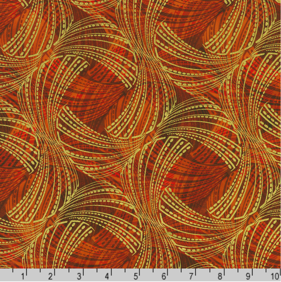 Golden Feathers Feather Swirls Cayenne Metallic quilting cotton fabric by Studio RK for Robert Kaufman featuring elegant gold metallic feather swirls on a rich cayenne background.