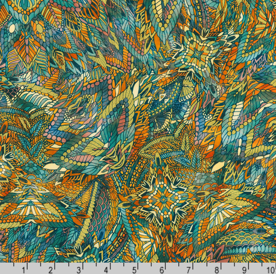 Golden Feathers Mosaic Feathers Peacock Metallic quilting cotton fabric by Studio RK for Robert Kaufman featuring an intricate mosaic of stylized feathers in peacock blue, teal, gold, sage, and shimmering metallic accents.