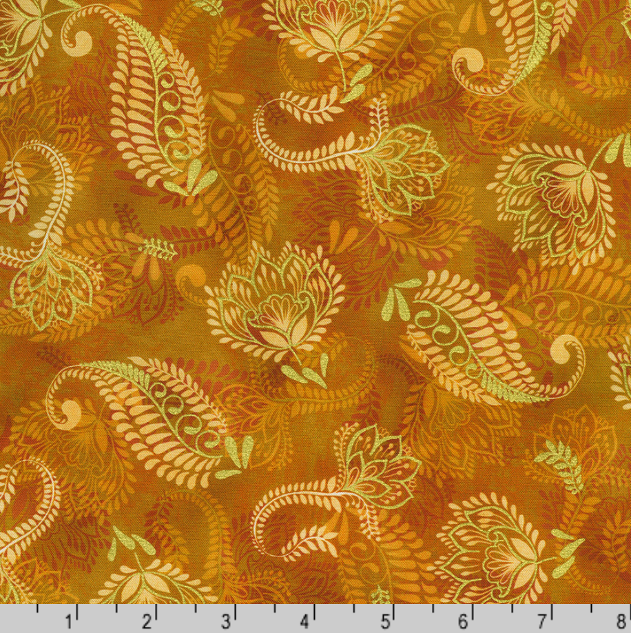 Golden Feathers Paisley Vine Orange Spice metallic quilting fabric by Studio RK for Robert Kaufman featuring elegant paisley vines on a rich orange spice background with gold metallic accents.