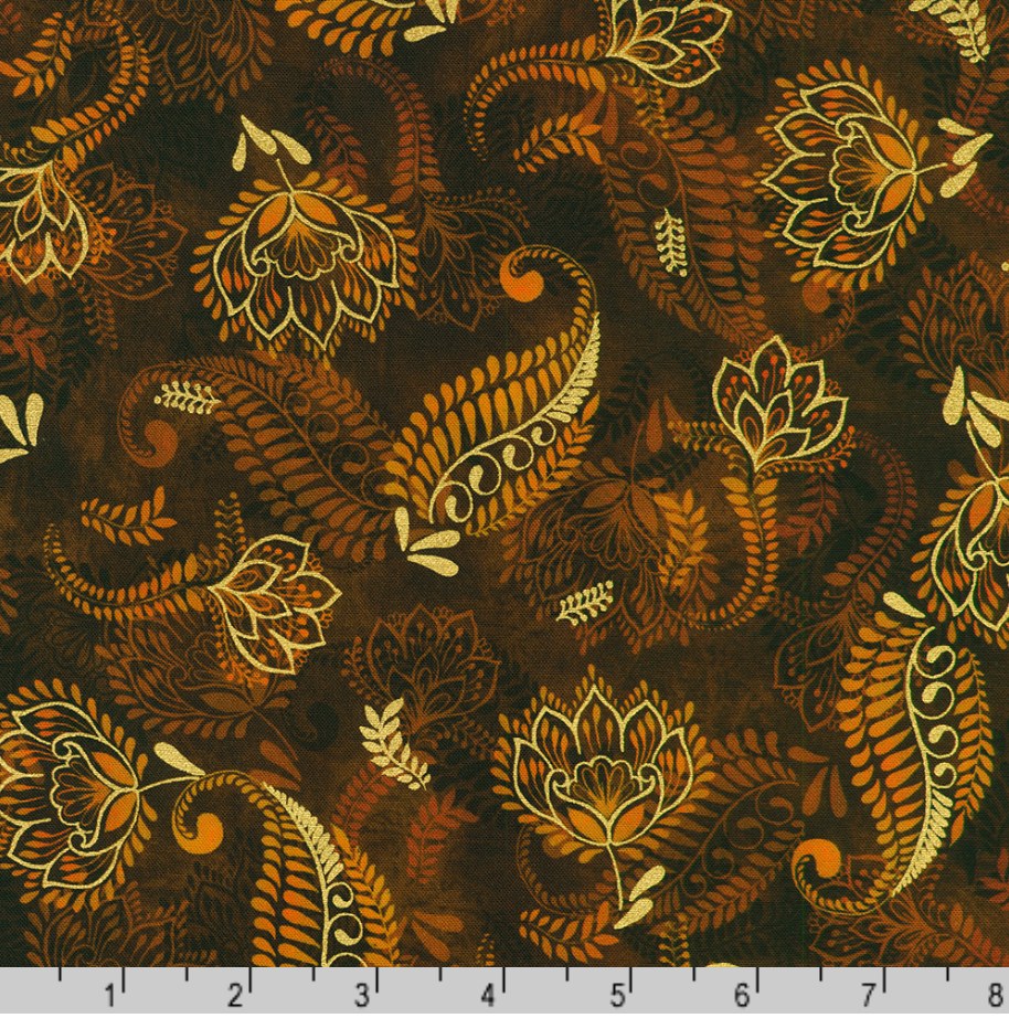 Golden Feathers Paisley Vine Redwood metallic quilting fabric by Studio RK for Robert Kaufman featuring elegant paisley vines and floral motifs on a deep redwood background with gold metallic accents.