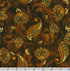Golden Feathers Paisley Vine Redwood metallic quilting fabric by Studio RK for Robert Kaufman featuring elegant paisley vines and floral motifs on a deep redwood background with gold metallic accents.
