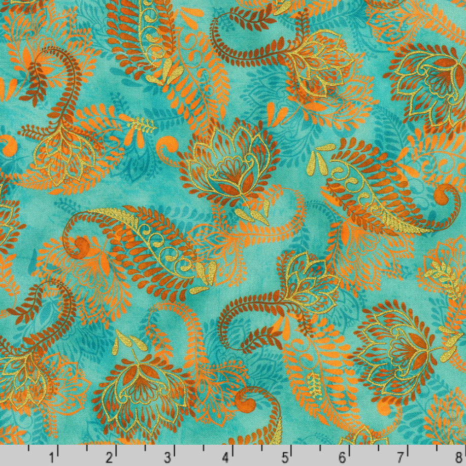 Golden Feathers Paisley Vine Aqua metallic quilting fabric by Studio RK for Robert Kaufman featuring elegant paisley vines and floral motifs on a vibrant aqua background with shimmering gold metallic accents.