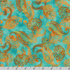 Golden Feathers Paisley Vine Aqua metallic quilting fabric by Studio RK for Robert Kaufman featuring elegant paisley vines and floral motifs on a vibrant aqua background with shimmering gold metallic accents.