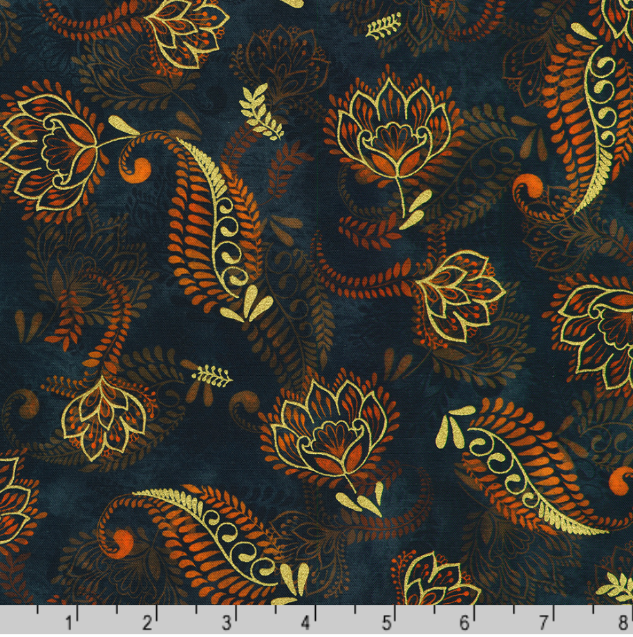 Golden Feathers Paisley Vine Navy metallic quilting fabric by Studio RK for Robert Kaufman featuring elegant paisley vines and floral motifs on a deep navy background with shimmering gold metallic accents.