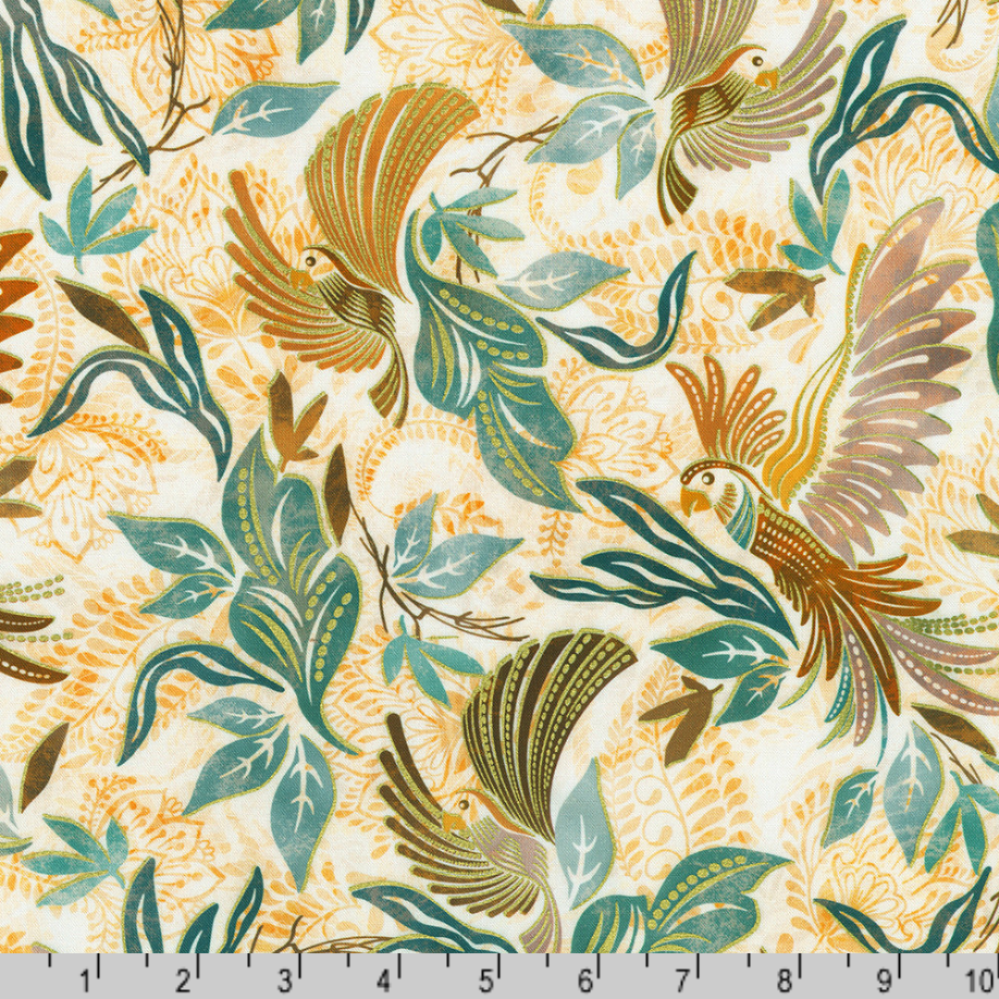 Golden Feathers Birds and Foliage Parchment metallic quilting fabric by Studio RK for Robert Kaufman featuring elegant birds flying among leafy foliage on a parchment background with shimmering gold metallic accents.