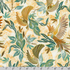 Golden Feathers Birds and Foliage Parchment metallic quilting fabric by Studio RK for Robert Kaufman featuring elegant birds flying among leafy foliage on a parchment background with shimmering gold metallic accents.