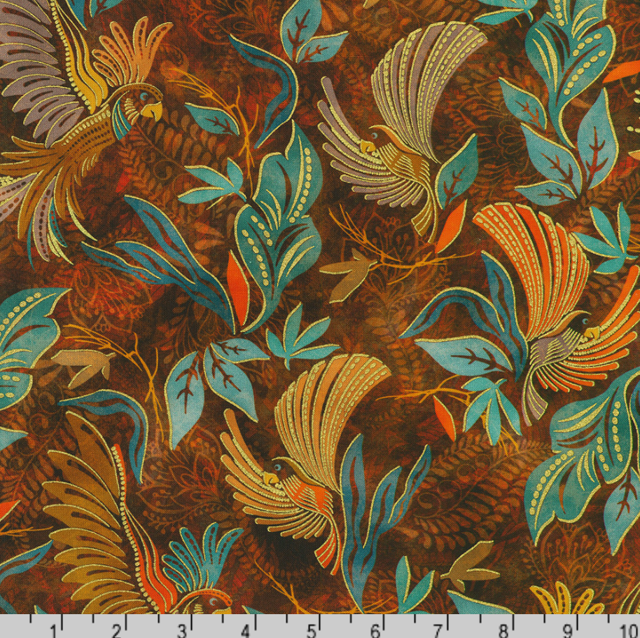 Golden Feathers Birds & Foliage Cayenne metallic quilting fabric by Studio RK for Robert Kaufman featuring elegant birds flying among leafy foliage on a rich cayenne background with shimmering gold metallic accents.