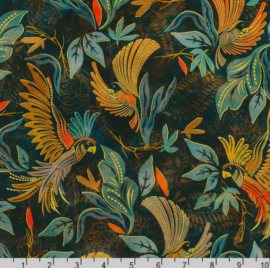 Golden Feathers Birds & Foliage Navy metallic quilting fabric by Studio RK for Robert Kaufman featuring elegant birds flying among leafy foliage on a deep navy background with shimmering gold metallic accents.