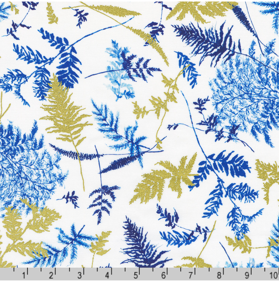 White quilting fabric with blue watercolor fern leaves and metallic gold botanical accents from the Cobalt Bliss collection by Lauren Wan for Robert Kaufman Fabrics.