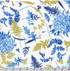 White quilting fabric with blue watercolor fern leaves and metallic gold botanical accents from the Cobalt Bliss collection by Lauren Wan for Robert Kaufman Fabrics.