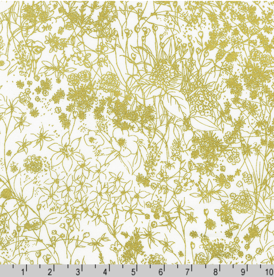 White quilting fabric featuring delicate metallic gold wildflower sketches from the Cobalt Bliss collection by Lauren Wan for Robert Kaufman Fabrics.