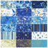 Cobalt Bliss Complete Collection Roll Up by Lauren Wan for Robert Kaufman featuring 40 metallic 2.5-inch precut cotton fabric strips in coordinating blue, white, and gold floral designs.