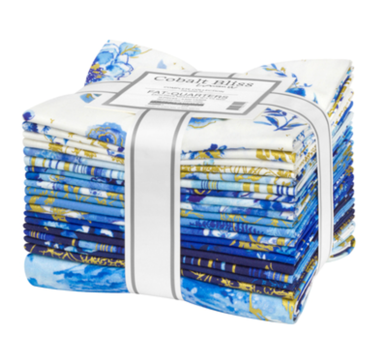 Cobalt Bliss Complete Collection Fat Quarter Bundle by Lauren Wan for Robert Kaufman featuring 19 metallic cotton fat quarters in coordinating blue, white, and gold floral prints.