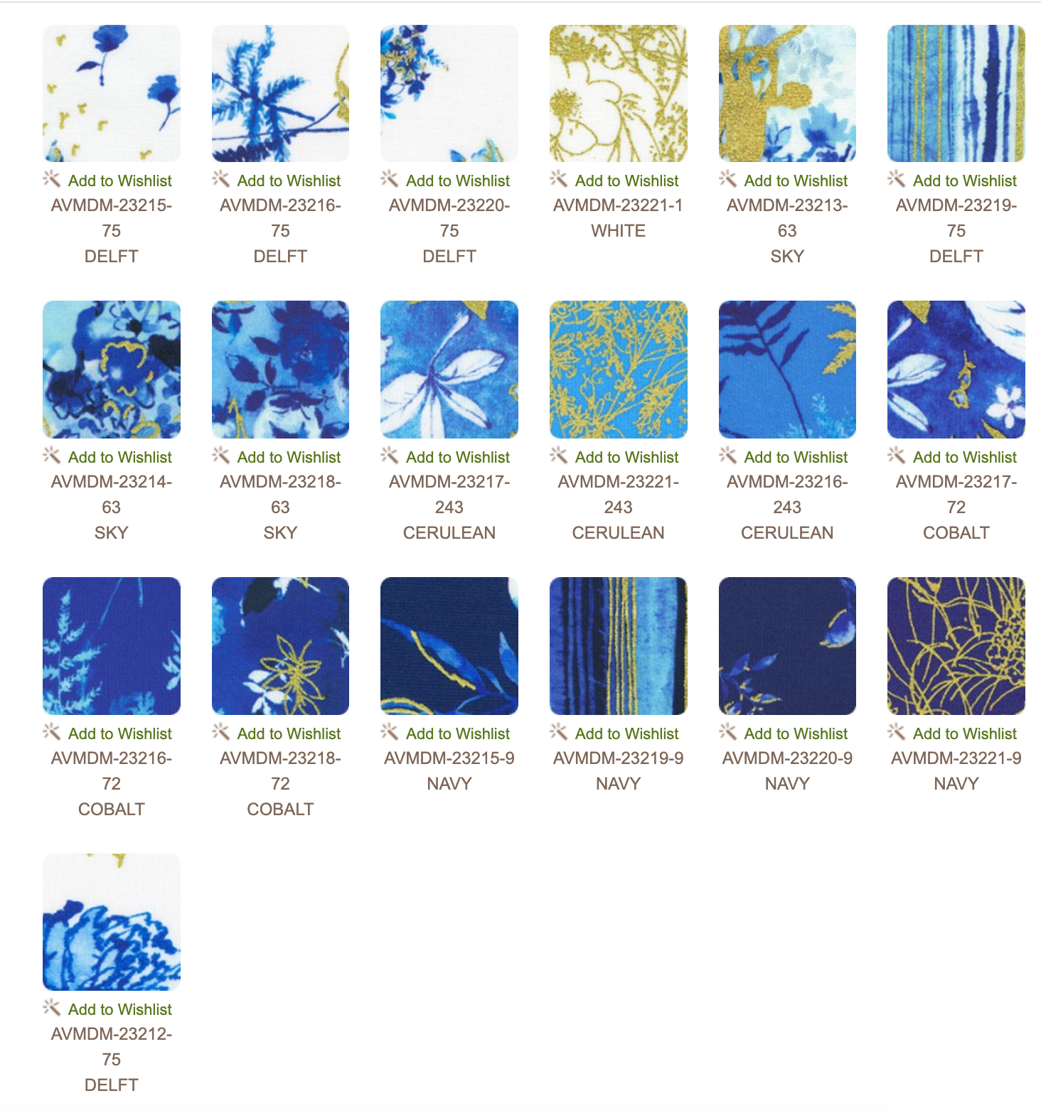 Cobalt Bliss Complete Collection Fat Quarter Bundle by Lauren Wan for Robert Kaufman featuring 19 metallic cotton fat quarters in coordinating blue, white, and gold floral prints.