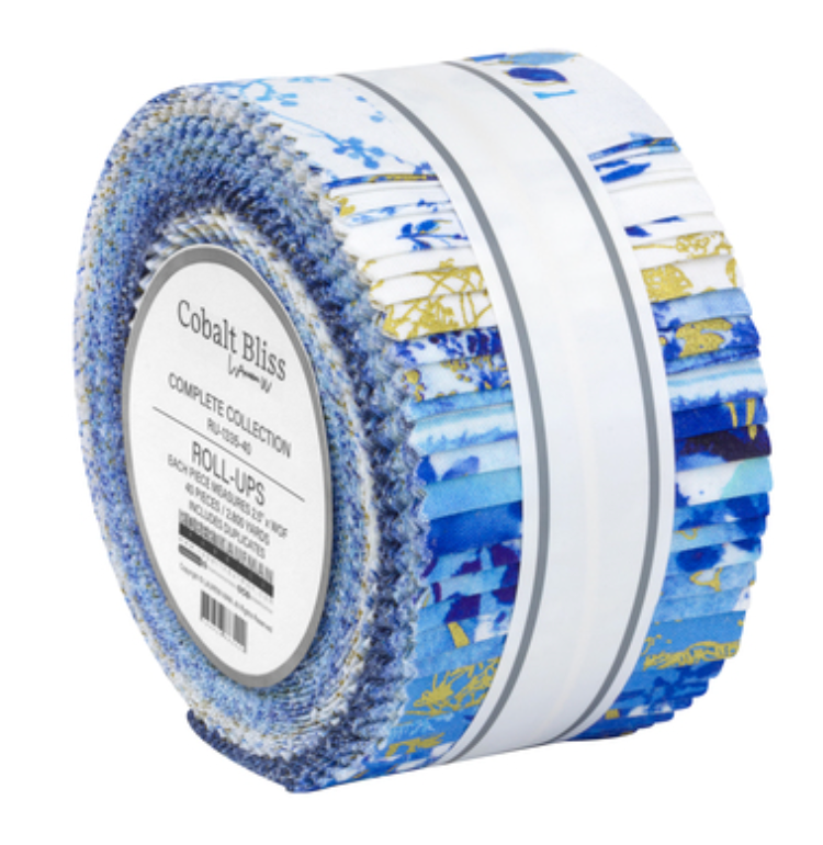 Cobalt Bliss Complete Collection Roll Up by Lauren Wan for Robert Kaufman featuring 40 metallic 2.5-inch precut cotton fabric strips in coordinating blue, white, and gold floral designs.